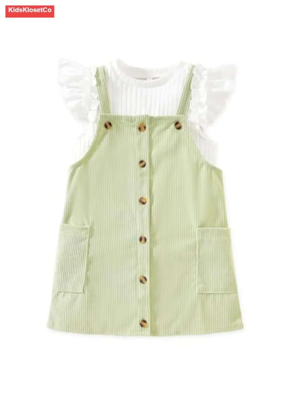 Corduroy Button Down Overall Dress Set with Ruffle Sleeve Tee